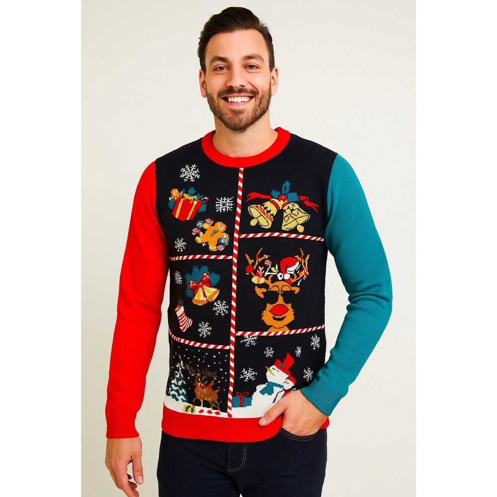 Ugly Christmas Sweater L Acrylic Deer Snowmen Bells Gifts Holiday Party VTG